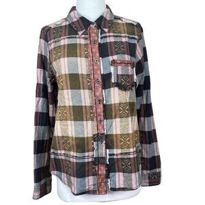 We The Free Plaid Button-Up Shirt Womens Size Medium Boho Multicolor Cotton Blen